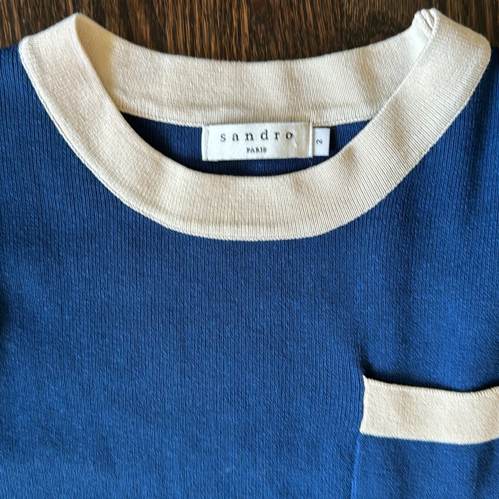 Sandro Blue and White Short Sleeve Knit Mini Dress - Picture 2 of 4